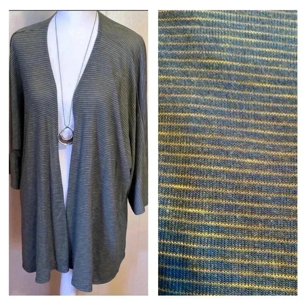 LuLaRoe Open Front High Low Cardigan Shrug.  Blue & Yellow Stripe, Size Medium.